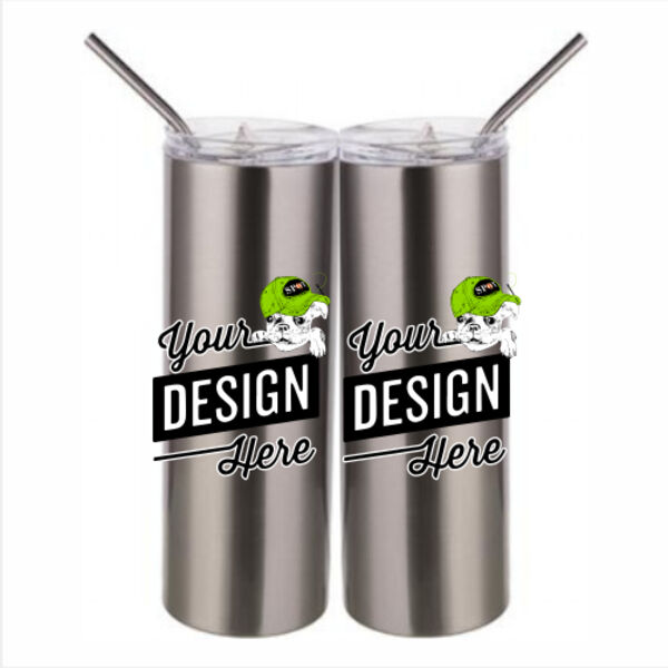 20 oz Stainless Silver Skinny Tumbler with Stainless Straw and Lid Thumbnail